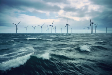 Wind turbines in the rough sea. Generative AI - obrazy, fototapety, plakaty
