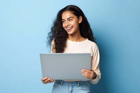 Young happy latin woman using portable device isolated on blue background. Generative AI