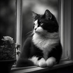 Black and White Kitten Gazing Out the Window, Monochrome Cat Sitting on the Windowsill,
Little Grey and White Kitty Watching the World Outside - AI Generative