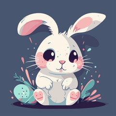 Easter bunny with colorful Easter egg. Holiday card vector illustration
