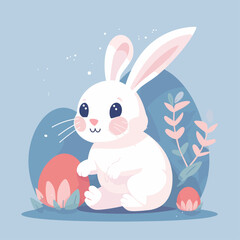 Easter bunny with colorful Easter egg. Holiday card vector illustration