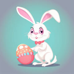 Easter bunny with colorful Easter egg. Holiday card vector illustration