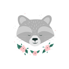 Cute Hand Drawn racoon. Print with grey racoon. Head With Flowers on a White Background. Nursery Art, kids design. Infantile Style. Cartoon Vector Illustration for Wall Art, Baby Card.