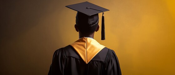 Back view of an African American young man wearing a graduation gown and cap. Generative AI