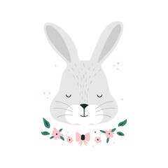 Cute Hand Drawn bunny. Lovely Print with White rabbit. Head With Flowers on a White Background. Nursery Art, kids design. Infantile Style Vector Illustration for Wall Art, Card