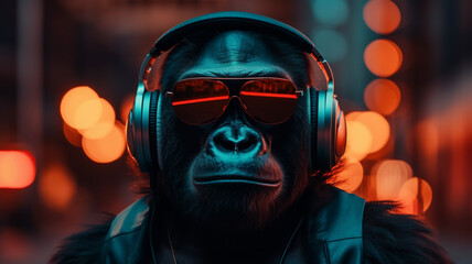 Gorilla mit Sonnenbrille und Kopfhörer in der Stadt im 16:9 Format in orange teal Colour Look. Generative Ai.