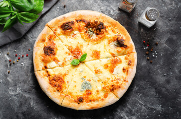 Four Cheese Pizza on Dark Background, Freshly Baked Pizza