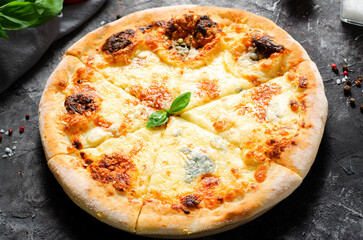 Four Cheese Pizza on Dark Background, Freshly Baked Pizza