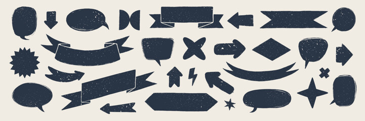 Retro flag and ribbon banners. Hand drawn vintage textured badges, banner, ribbon, flag, and other design elements. Hand-drawn infographic Vector collection.