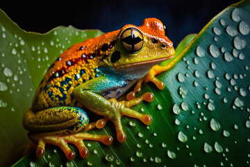 Obraz premium Beautifully colored tropical frog in the jungle on a leaf. Exotic rainforest cute little toad. Forest fauna. Ai generated