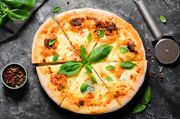 Four Cheese Pizza on Dark Background, Freshly Baked Pizza
