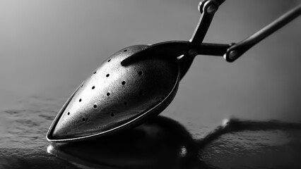 Kitchen tool. Abstract black and white composition. Macro texture of an old metal kitchen tool with shallow depth of field. Play of shadows