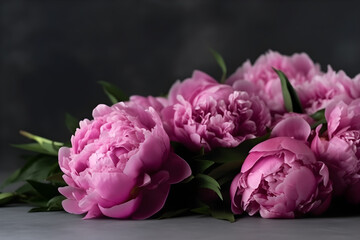 Close up of flowers peonies in pink color. Beautiful freshly cut bouquet lies on the table, generative AI.