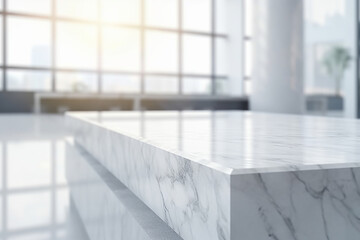 White Marble Table Counter Top, Podium Pedestal, Abstract Living Room Space Background in Interior. Product Mock up Display, Back Drop. Generative AI.