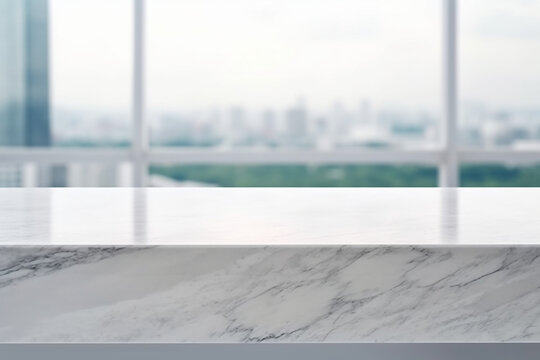 White Marble Table Counter Top, Podium Pedestal, Abstract Living Room Space Background in Interior. Product Mock up Display, Back Drop. Generative AI.