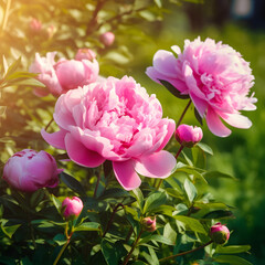Close up of flowers peonies in pink color. Beautiful peony bush in the garden, generative AI