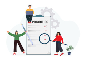 People fulfilling priorities checklist, checking or searching information, to do list concept, management concept, flat vector illustration.