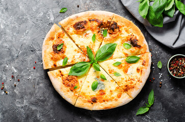 Four Cheese Pizza on Dark Background, Freshly Baked Pizza
