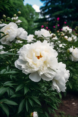 Close up of flowers peonies in white color. Beautiful peony bush in the garden, generative AI