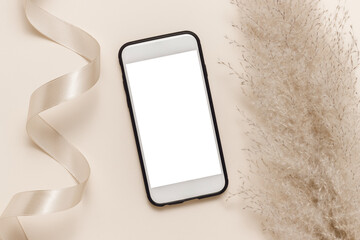 Minimal smartphone screen scene with pampas grass and ribbon. Mobile phone mockup for invitation,...