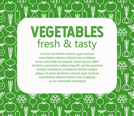 Poster with vegetables. Template for a vegetarian restaurant. Decorative seamless background of vegan organic food. Tomato, cucumber, broccoli, onion, avocado, beet, eggplant.  Vector illustration.