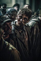 crowd of dead aggressive zombies on the street in city. Generative AI illustration