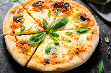 Four Cheese Pizza on Dark Background, Freshly Baked Pizza