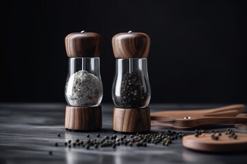  salt and pepper mill on a table with pepper mill and pepper grinder in the foreground and pepper mill and pepper mill in the background.  generative ai