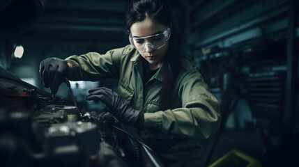 A female mechanic in coveralls, holding a wrench and working on a car engine Generated with AI