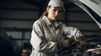 Fototapeta na wymiar A female mechanic in coveralls, holding a wrench and working on a car engine Generated with AI