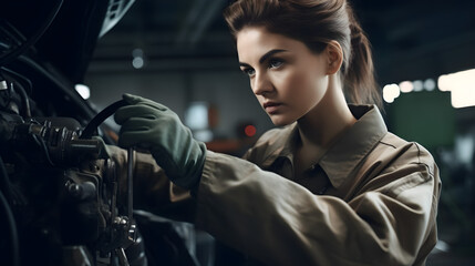 Naklejka na ściany i meble A female mechanic in coveralls, holding a wrench and working on a car engine Generated with AI