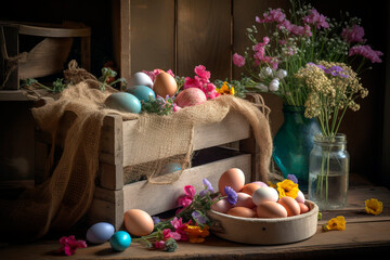Fototapeta na wymiar Rustic Easter display featuring a vintage wooden crate filled with hay and colorful Easter eggs, surrounded by spring flowers and a burlap ribbon. Homey Easter Vignette with Spring Flowers