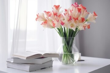  a vase of flowers sitting on a table next to a stack of books and an open book on a table next to a window with white curtains.  generative ai