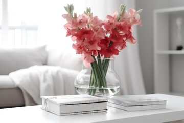  a glass vase with pink flowers on a table in front of a white couch and a book on a coffee table in front of a window.  generative ai