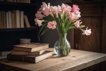 a vase filled with pink flowers sitting on top of a wooden table next to a stack of books on a wooden table next to a bookcase.  generative ai