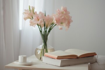  a vase of flowers and a book on a table with a cup of coffee and a cup of tea on the side of the table.  generative ai