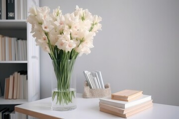  a vase of white flowers on a table next to a bookshelf and a stack of books on a table with a bookcase in the background.  generative ai