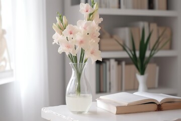  a vase with flowers and a book on a table in front of a bookcase with books and a vase of flowers on the table.  generative ai