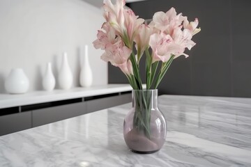  a vase filled with pink flowers sitting on top of a table next to a shelf of white vases on top of a marble counter.  generative ai