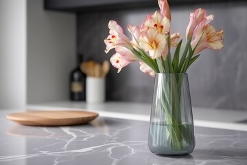  a glass vase filled with pink flowers on a counter top next to a cutting board and a cutting board on a counter top with a cutting board.  generative ai