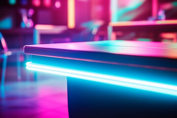 Neon Empty Table Top, Podium Pedestal, Abstract Glowing VR Gaming Space Background in Interior. Product Mock up Display, Back Drop. Generative AI.