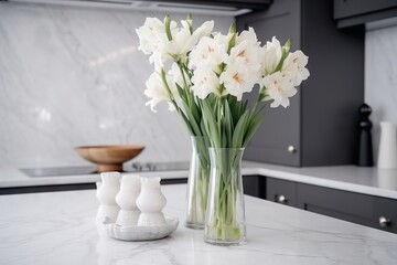  a vase of white flowers sitting on a kitchen counter next to a couple of eggshells on a marble countertop next to a wooden bowl.  generative ai
