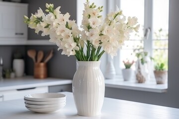  a white vase filled with white flowers on top of a white counter top next to a stack of white plates and a bowl on the side.  generative ai