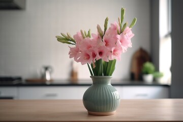  a green vase filled with pink flowers on top of a wooden counter top next to a kitchen counter top with a stove top in the background.  generative ai