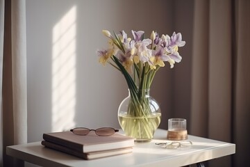 a vase with flowers and a pair of glasses on a table with a book and a pair of glasses on it next to a pair of glasses.  generative ai