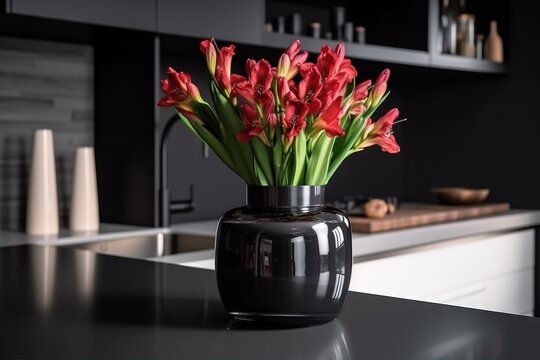  a black vase filled with red flowers on top of a counter top next to a kitchen counter top with a sink and cabinets in the background.  generative ai