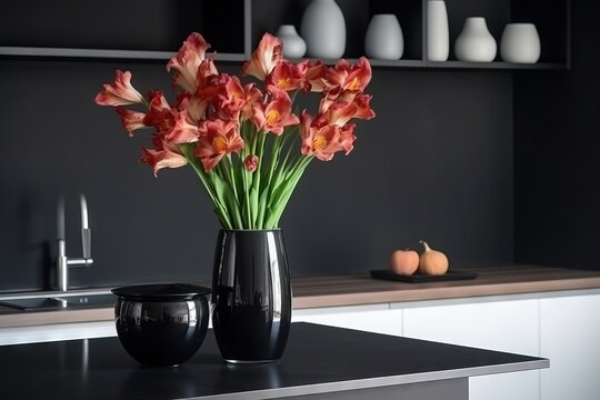  a black vase with red flowers in it on a counter top next to a black bowl with a green plant in it and a white vase with orange flowers in it.  generative ai