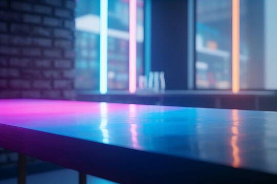 Neon Empty Table Top, Podium Pedestal, Abstract Glowing VR Gaming Space Background in Interior. Product Mock up Display, Back Drop. Generative AI.