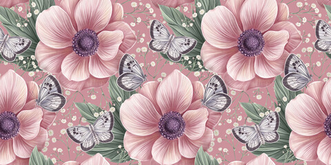 Luxury wallpaper, mural. Rose pink anemone flowers, green vintage leaves, white gypsophila, blue butterflies. Seamless background, tropical texture. 3d hand-painted illustration. Digital art, poster - 588317818
