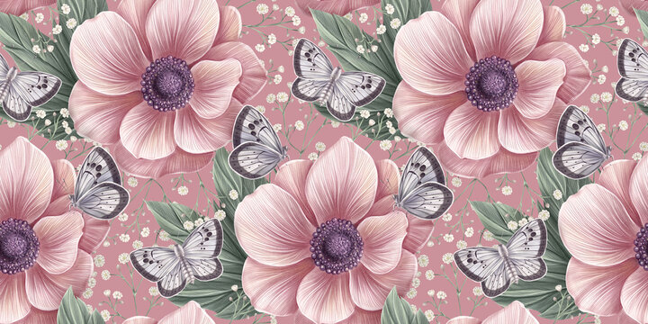 Luxury wallpaper, mural. Rose pink anemone flowers, green vintage leaves, white gypsophila, blue butterflies. Seamless background, tropical texture. 3d hand-painted illustration. Digital art, poster